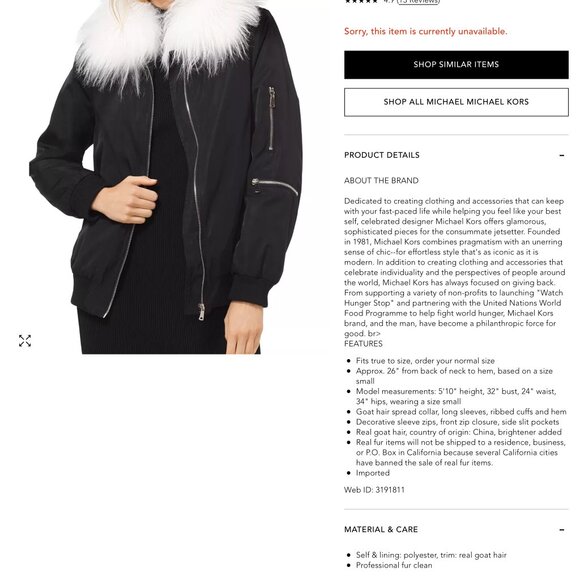 NWT - MICHAEL MICHAEL KORS Goat Hair Collar Bomber Jacket - Picture 7 of 9